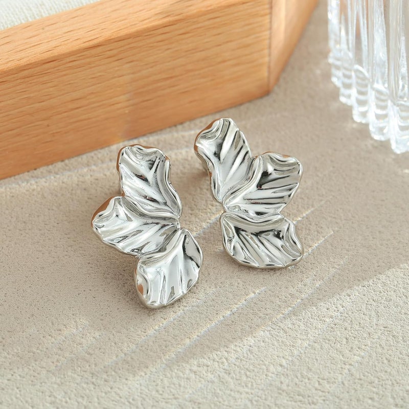 FAUTHENTICUTE Chunky Gold Statement Earrings For Women Gold Plated Sectored Flower Leaf Shell Angel Wing Earrings Large Stud Earrings Hypoallergenic Earrings - Image 4